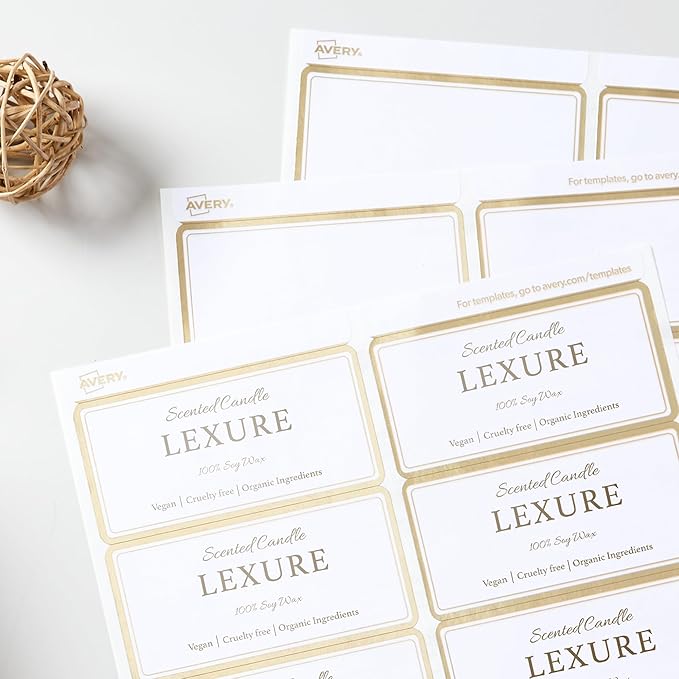 Avery Printable Rectangle Labels, 2" x 4" Blank Labels, Shipping, Matte White, Metallic Gold Border, Permanent Adhesive, Laser/Inkjet Printable, 100 Total (6506)