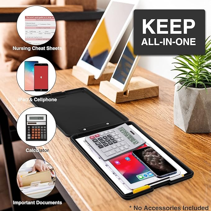 Sooez Clipboard with Storage, Plastic Storage Clipboards with Low Profile Clip, Nursing Clip Boards Foldable, Hanging Clipboard Case for Work, Teacher, Classroom Must Haves, Office School Supplies