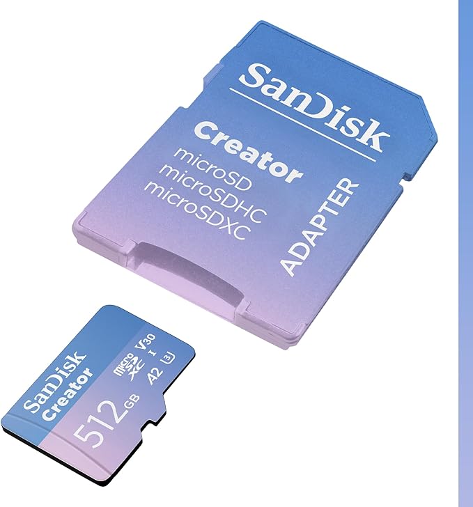 SanDisk 512GB Creator microSD UHS-I Card with SD Adapter - for Cameras and Drones, 4K, 5.3K, A2, V30, U3, 3 Months of Adobe Lightroom Included - SDSQXAV-512G-GN6MS