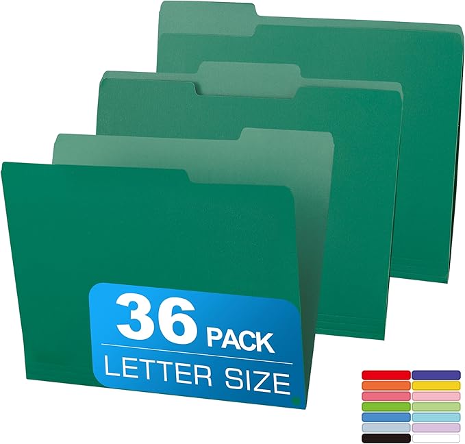 36 Packs Colored File Folders,Green File Folders,Two Tone Color File Folder 8.5 x 11 Inch,1/3 Cut Tabs Letter Size,Manila File Folders for Office,School and Home,Organization