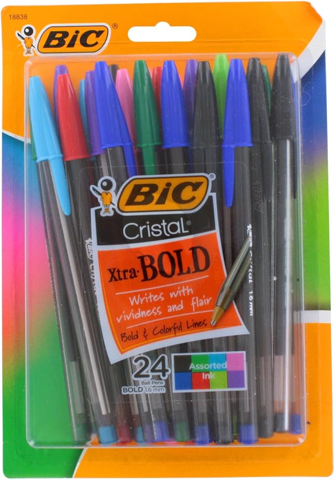 Bic Cristal Xtra Bold Stick Ballpoint Pens, 1.6mm, Bold Point, Assorted Colors, Pack of 24