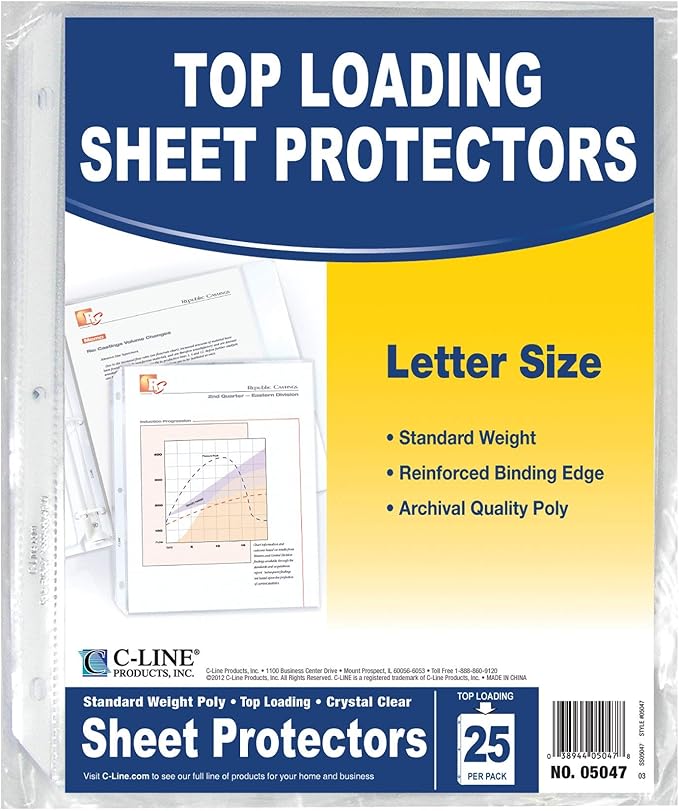 C-Line Top Loading Standard Weight Poly Sheet Protectors, Clear, 8.5 x 11 Inches, 25 per Pack (05047)