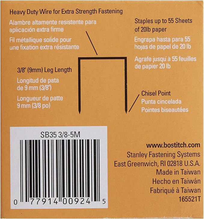 Bostitch Office Heavy Duty Premium Staples, 25-55 Sheets, 0.375 Inch Leg, 5,000 Per Box (SB353/8-5M)