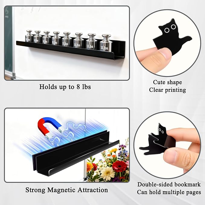 14 Pcs Magnetic Book Shelf,Cat Bookmarks,Pen Holder for Whiteboard,Colored Markers,17 Inch Magnetic Shelves for Home Study Areas, Office Cubicles, Classroom Whiteboards