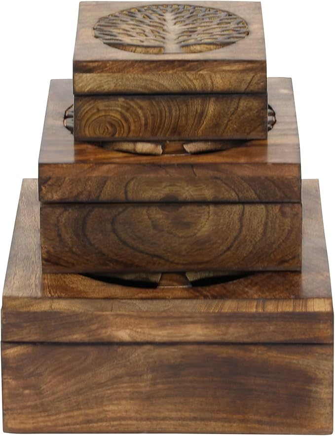 Deco 79 Wood Tree Handmade Decorative Box Decorative Keepsake Boxes with Hinged Lid, Set of 3 Storage Boxes, Brown