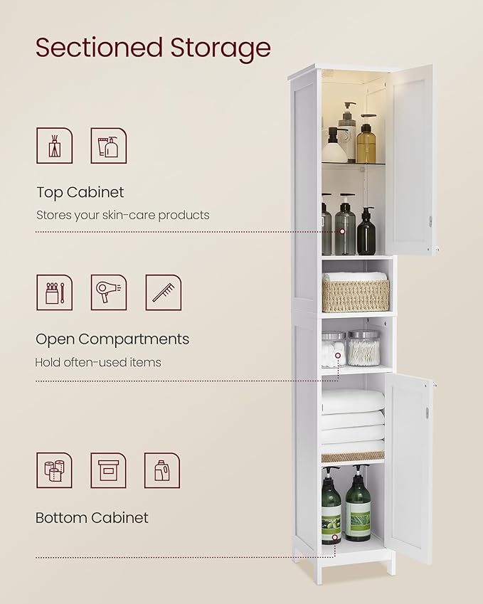 VASAGLE Tall Storage Cabinet with Lights, Slim Freestanding Cabinet with Adjustable Shelves, for Small Spaces, Bathroom, Living Room, Modern, 11.8 Inches Wide, Cloud White UBBC566W02