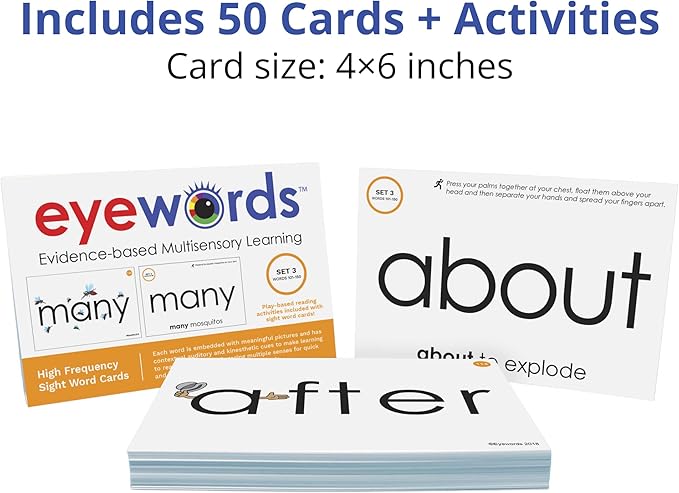 Multisensory Sight Word & Phonics Flash Cards, Set 3 (High-Frequency Words 101-150) - Kinesthetic Learning, Picture-Embedded - Pre-K to Grade 3 - Homeschool & Classroom Use - Model EW-24
