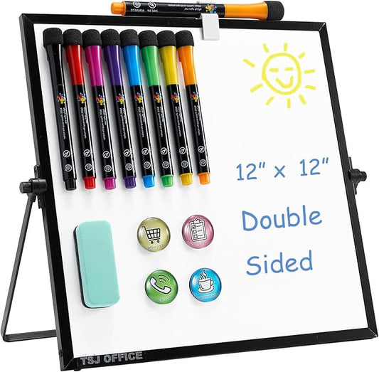 TSJ OFFICE Small White Board - 12 X 12 Inches Small Magnetic Dry Erase Board with Hooks for Wall, Desktop Whiteboard Stand 360 Degrees Revolving Double Sided for Office, Home, School, Black
