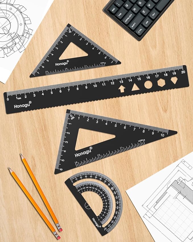 Honagu Triangular Ruler Set, 4 Pieces Aluminum Alloy Ruler, Metal Drafting Ruler, Geometric Protractor for Students, Draftsmen, Engineers, Home School Office Supplies (20cm/7.87inches, Black)
