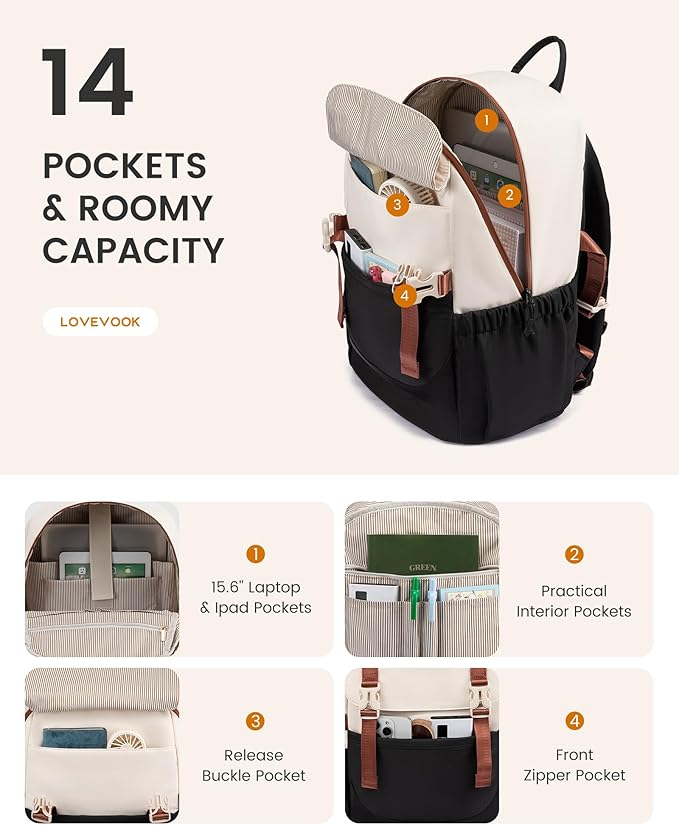 LOVEVOOK School Backpack for Teen Girls, Waterproof Travel College Bookbag for Middle High School with Large Cup Holder & Pencil Case, Fits 15.6'' Laptop, Cute Aesthetic Kids Student Backpack