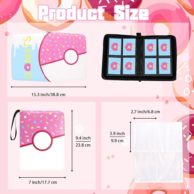 4 Pocket Card Binder 400 Card Holder Album, Pink Donut Trading Cards Holder Zipper Binder for Girl Teen Collection (Pink Donut, 400 Pocket)
