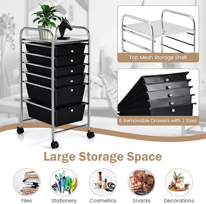 COSTWAY 6-Drawer Rolling Storage Cart, Multifunctional Art Craft Tools Organizer on Wheels, Heavy Duty Utility Mobile Storage Trolley w/ 2 Lockable Wheels for Home Office School (Black)