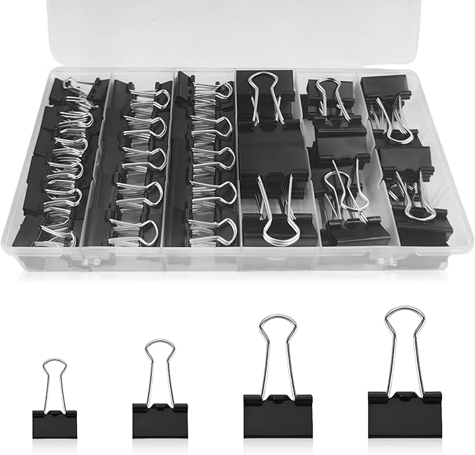 110PCS Black Binder Clips Assorted Sizes,4 Sizes Large Medium Small Mini Paper Clamps Set, Office Supplies Desk,Cute Office Paper Clips for Home School Office Supplies Organizing (Black)
