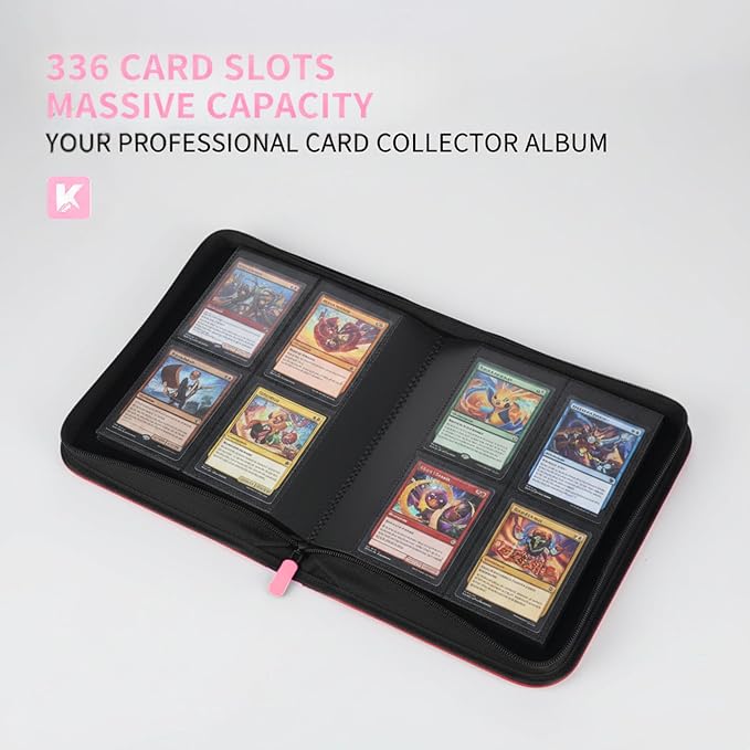 336 Card Binder, 4-Pocket Zipper Binder for Trading Cards, Side Loading Water-Resistant Album for MTG, TCG & Sports Cards (Pink)