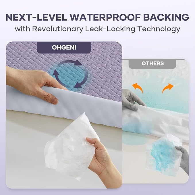 OhGeni 100% Waterproof Mattress Protector,Queen Size Mattress Soft Pad,Hair & Bedwetting Resistant,Cooling Breathable Fitted Sheets,Washable Bed Cover,Non-Slip Deep Pocket,Noiseless for Bedroom,Purple