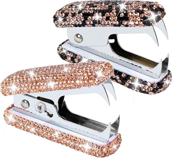 Multibey Rhinestone Staple Remover, Handmade Bling Crystal Gold Cute Staple Remover Tool for Desk, Dazzling Staples Puller Tool Mini Office Supplies & Desk Accessories for Women Office (2 Pcs)