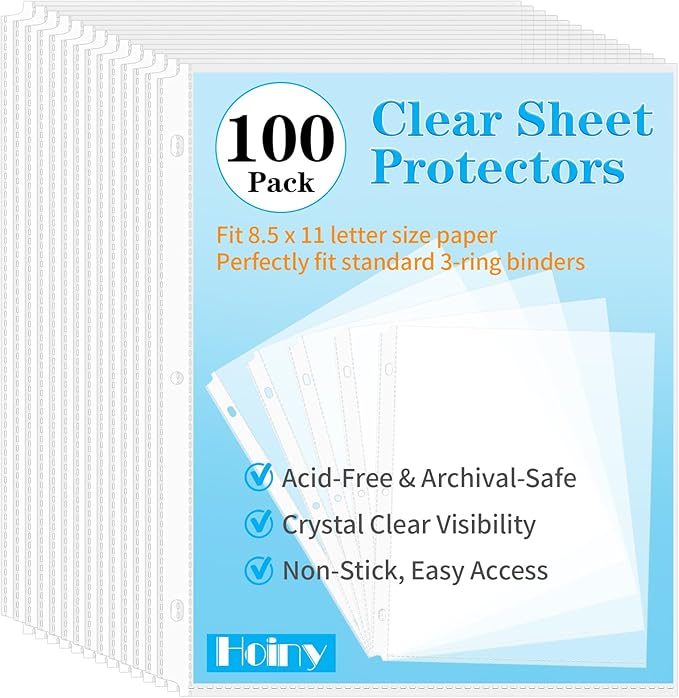 100 Pack Clear Sheet Protectors 8.5 x 11 Inch, Letter Size Page Protectors for 3 Ring Binder, Premium Polypropylene, Reinforced Holes, Acid Free, Top Loading for Documents, Paper, Photos