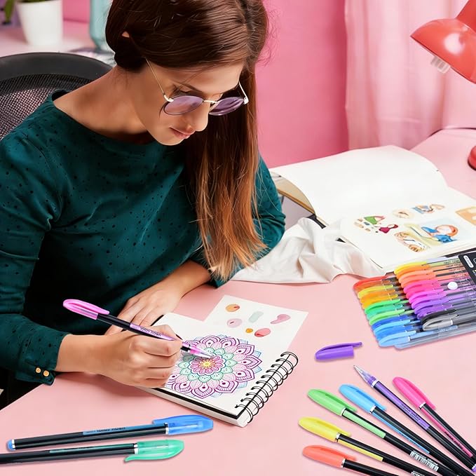 36 Colors Gel Pens Gel Pen Set for Adult Coloring, Metallic Glitter Pens & Gel Ink Pens for Journaling, Drawing, Cute Journal Pens Colored Gel Pens for Black Paper Writing