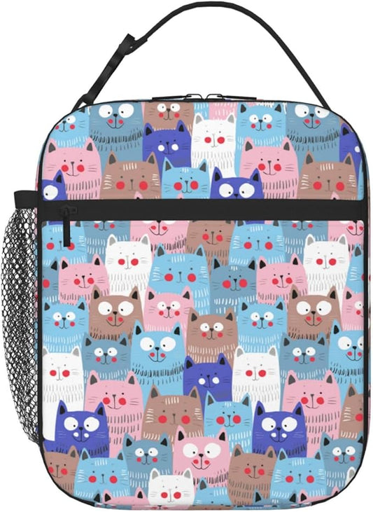 Cute Colorful Cats Insulated Lunch Bag,Kids Lunch Box For Girls Boys Teen,Kid Lunch Box Containers Cooler Bag With Front Pocket For Women Men,Reusable Lunch Tote Bag Lunchbox For School/Work/Picnic