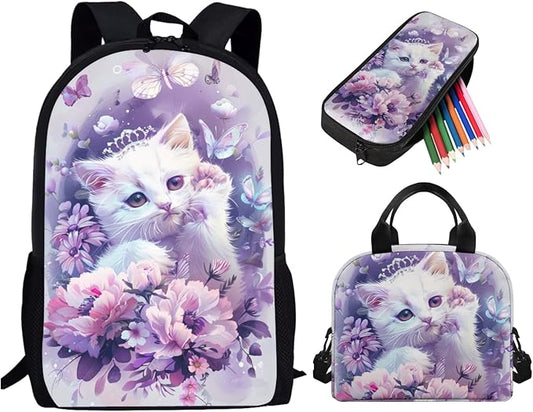 Cat School Bookbag for Girls, 3PCS Lightweight Kids Book Bag with Lunch Box Cute Pencil Case, Large Girls Backpack for School Elementary Middle High School Backpack, Purple