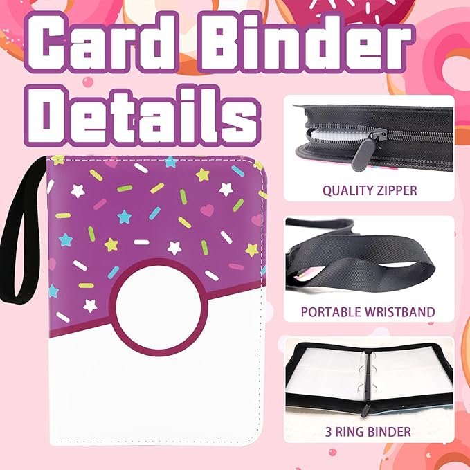 9 Pocket Card Binder 900 Card Holder Album, Pink Donut Trading Cards Holder Zipper Binder for Girl Teen Collection (Purple Donut, 900 Pocket)