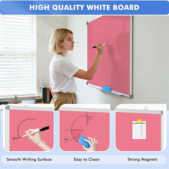 WALGLASS Magnetic Whiteboard 36"x24" Dry Erase White Board for Walls with Pen Tray, Aluminium Frame and Dry-Wipe Writing Surface for Drawing, Home, and Office (Pink)