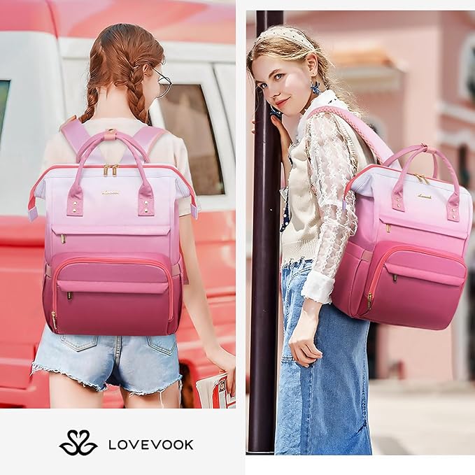 LOVEVOOK Gradient Laptop Backpack for Women,15.6 Inch Work Computer Bakcpack Purse Laptop Bag With Anti-Theft Pocket,Waterproof Carry on Teacher College Backpack for Travel,Pink-White