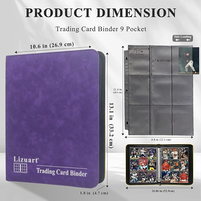 Card Binder 9 Pocket, 3-Ring Zipper Binder for Baseball Cards, Sports Cards, TCG/CCG (MTG, Football, Basketball), 20 Black Leatherette Sheets, Side Load (Purple, O-Ring)