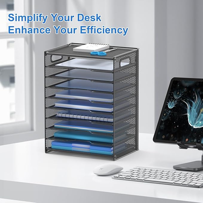 OUTWOLF 10 Tier Paper Organizer - Letter Tray Mesh Desk File Organizer with Handles for Office School Desktop, Black
