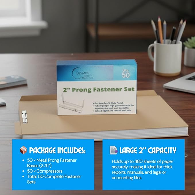OLYMPX Prong Paper Fasteners 2 Inch Capacity, 50 Complete Sets - Premium Metal, 2.75" Base with Compressor for Standard 2-Hole Punch, File Folders, 50/Box