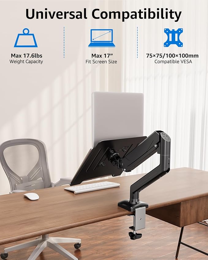 MOUNTUP Laptop Stand for Desk, Adjustable Aluminum Laptops Arm Mount for 14-17 Inch Notebook & 32" Monitor, Laptops Arm for Desk Support for 2.2-19.8lbs, 2-in-1 Laptop Desk Mount with Clamp/Grommet