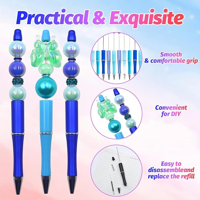 300 Pieces DIY Beadable Pen Kit – 100 Plastic Ballpoint Pens with Refills & Bags – School Supplies, Office Accessories & Decorative Items for Students & Teachers (Blue)