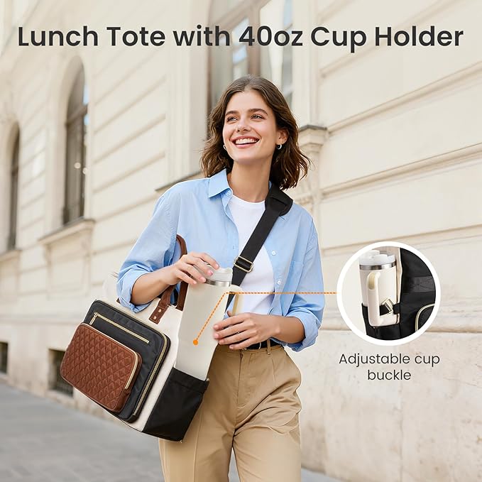LOVEVOOK Insulated Lunch Bag, Large Capacity Tote with Lunch Compartment, Laptop Bag with Cup Holder, Work Bags for Women, Nurse Lunch Tote for Office, School, Picnic, 15.6 Inch Black-Beige-Brown