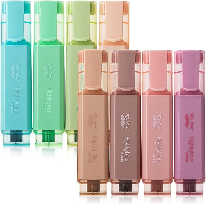 Mr. Pen- Highlighter 8 Pack, Vintage Colors, Chisel Tip Aesthetic Highlighters for School, No Bleed