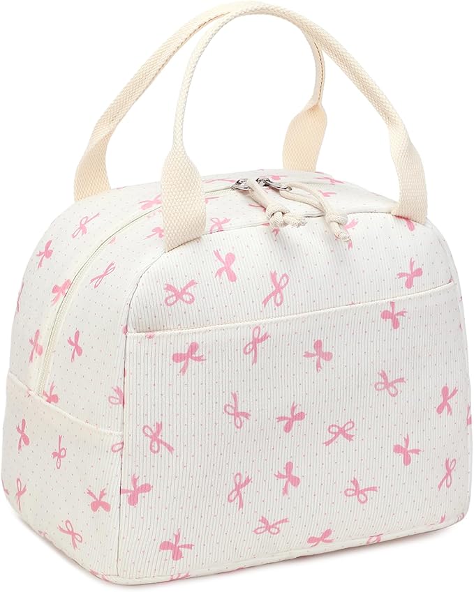 LEDAOU Lunch Box for Women Insulated Lunch Bag Corduroy Lunch Tote Bags Leakproof Cooler Lunch Case for Travel Work Picnic (Pink Bow)