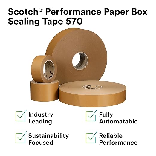 3M Scotch Performance Paper Box Sealing Tape 570, Brown, 1.9" x 547 yd (48 mm x 500 m), 1 Roll, Recycle-Compatible, Great for Packaging, Shipping, and Moving