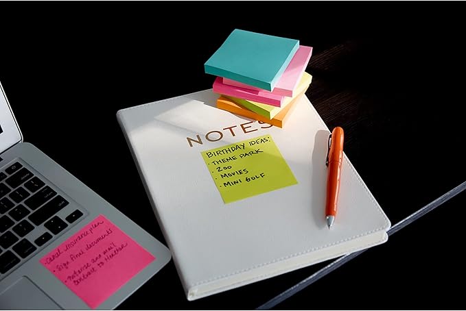 Post-it Super Sticky Notes, 3x3 in, 4 Pads, 2X The Sticking Power, Miami Collection, Neon Colors (Orange, Pink, Blue, Green), Recyclable(3321-SSAN-B)