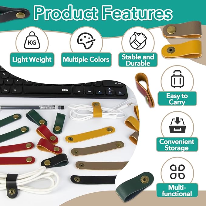 20 Pcs Leather Cord Organizer - Multiple Colors Leather Cable Straps Cord Organizer for Charging Cords, Reusable Cable Clips Leather, Multipurpose Leather Wire Cable Ties(5 Colors)