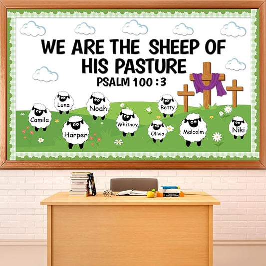 Easter Christian Bulletin Board Set VBS 2026 Religious Jesus Classroom Decoration Sheep Paper Cutouts We are The Sheep of His Pasture Bulletin Board for Sunday School Church Chalkboard Door Wall Decor
