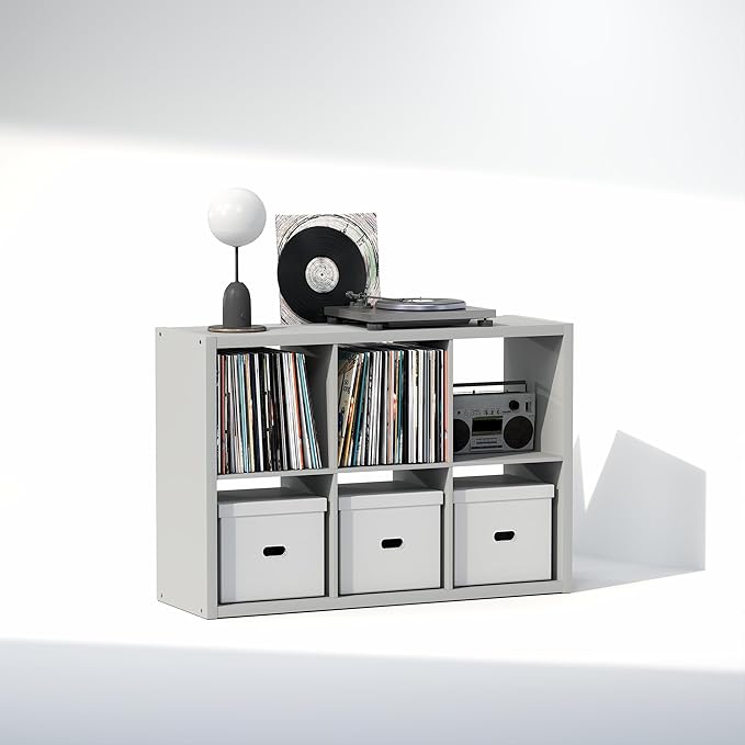 Furinno Cubicle Record Player Stand with Vinyl Storage, 6-Cube 1.2 Extra Thick Vinyl Record Storage, Open Back Media Shelf for CD DVD Blueray Game Disc, for Living Room, Home Office, Light Grey