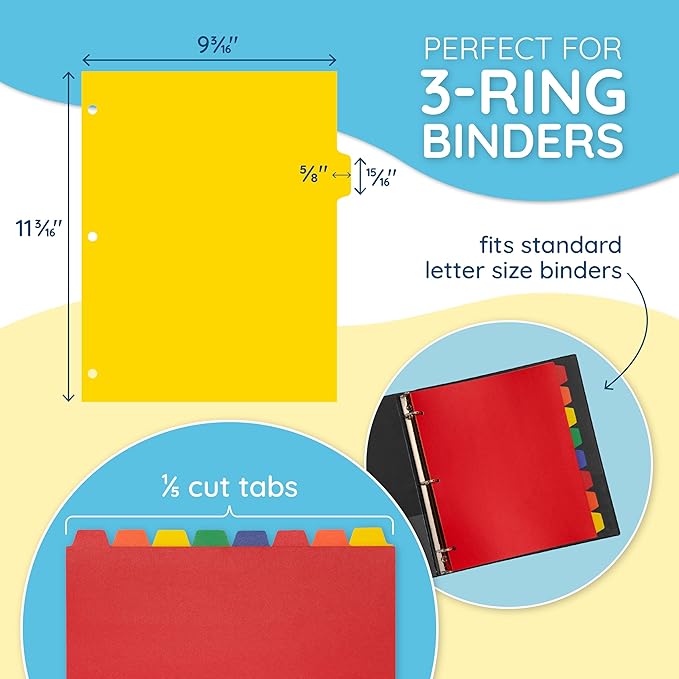 Blue Summit Supplies 24 Pack 8 Tab Plastic Dividers, Heavy Duty Plastic Dividers for 3 Ring Binder with 3 Hole Punch for Notebooks and Binders, Assorted Colors, Letter Size