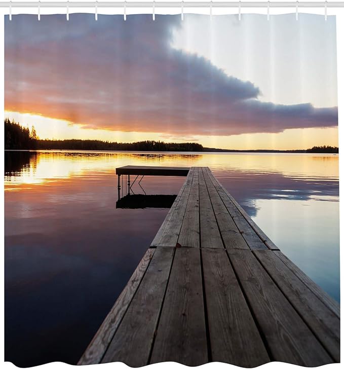 Ambesonne Landscape Shower Curtain, Serenity Relaxing Themed Port Pier Wooden Rustic Image of Dawn Sunset in Lake Art, Cloth Fabric Bathroom Decor Set Hooks, 69" W x 75" L, Multicolor Indigo Pale Blue