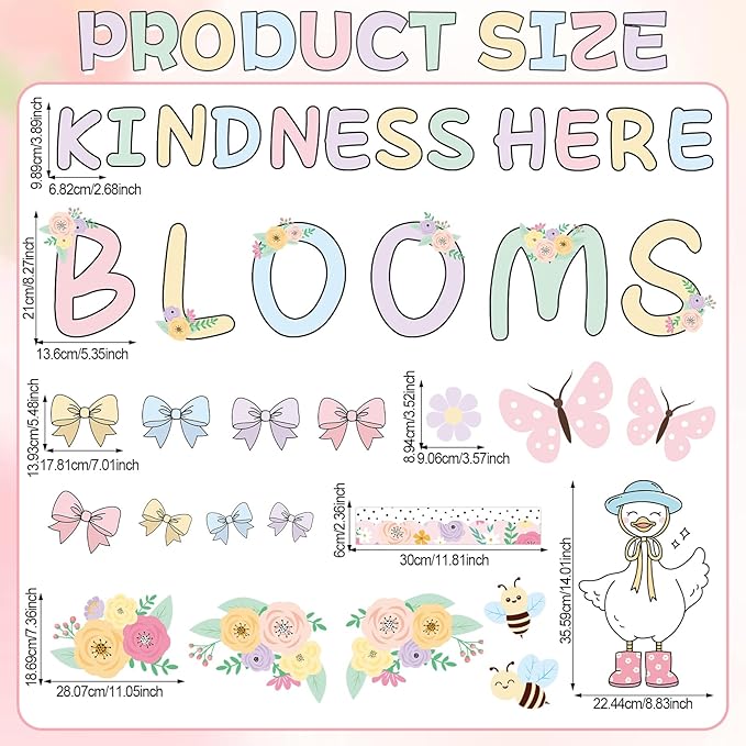 Spring Bulletin Board Decoration Set Kindness Blooms Here Classroom Decoration Spring Pastel Bows Flowers Butterfly Cutouts for School Classroom Home Office Chalkboard Door Wall Party Decor Supplies