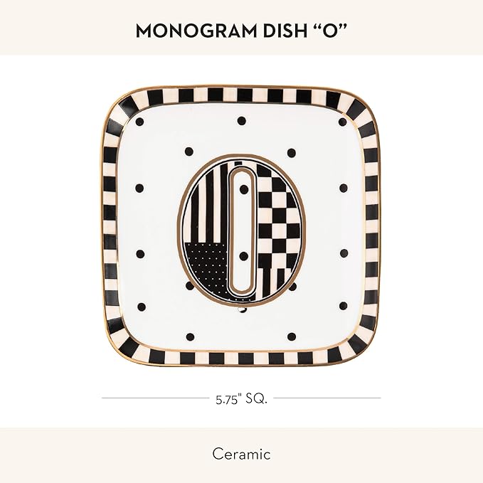MACKENZIE-CHILDS Monogram Dish, Decorative Ceramic Letter Plate, 5 3/4" Square, O