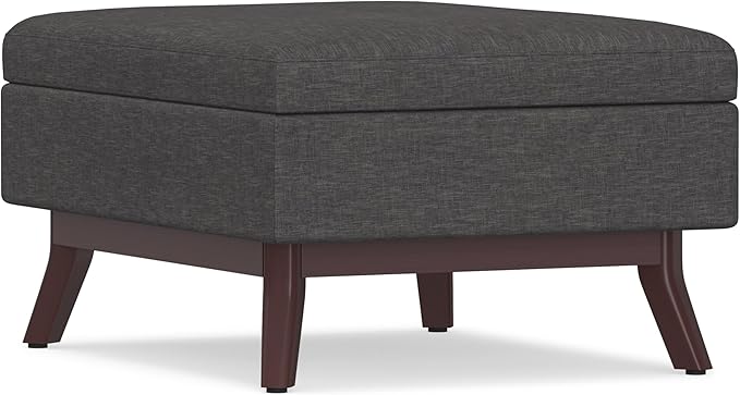SIMPLIHOME Owen Coffee Table Storage Ottoman - 34 inch Wide Upholstered Linen Look Fabric Rectangular Lift-Top Ottoman in Slate Grey, Mid-Century Modern Bench for Living Room with Tapered Legs