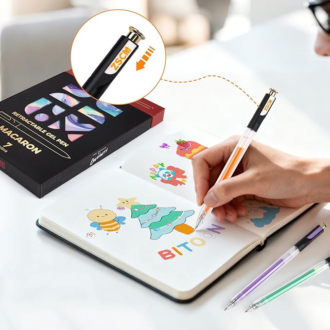 Retractable Macaron Gel Pens, 7 Colors Large Capacity Creamy Pastel Gel Ink Pens for Adult Coloring, 1.0 mm Fine Point Smooth Writing Color Pen for Kawaii Drawing Note Taking Aesthetic Art Supplies