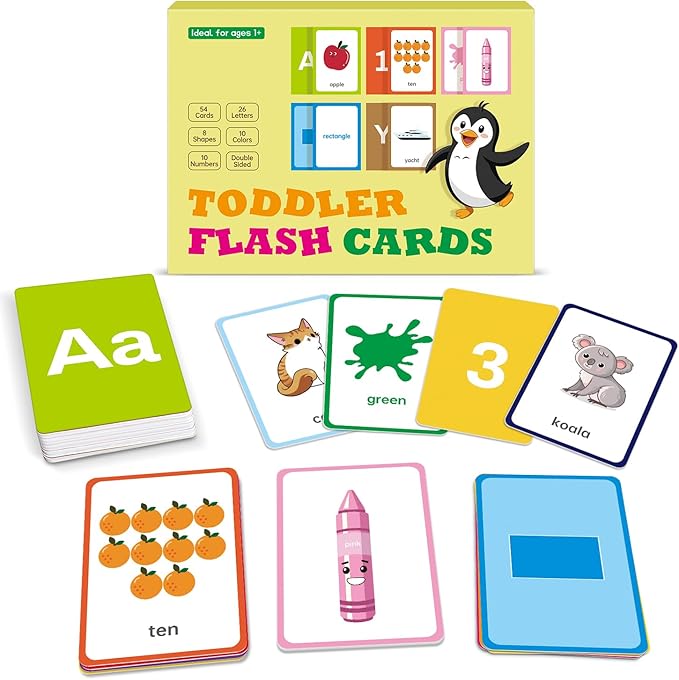 Flash Cards for Toddlers Learning – 54 Double-Sided Alphabet, Number, Color & Shape Cards – Durable Preschool Educational Toys for Kids Ages 2-5, Waterproof & Tear-Resistant, Montessori Early Learning