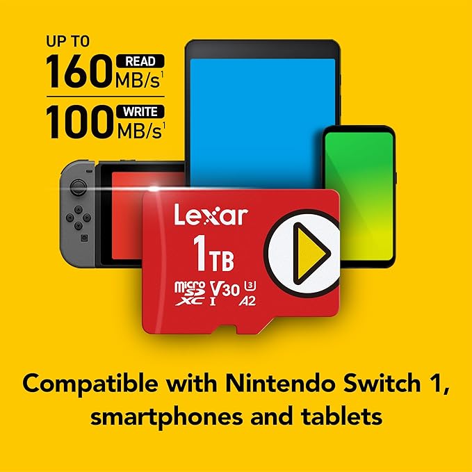 Lexar 1TB (2-Pack) Play Micro SD Card w/SD Adapter, UHS-I, C10, U3, V30, A2, Full HD, Up to 160/100 MB/s, Expanded Storage for Nintendo-Switch 1, Gaming, Smartphones, Tablets (LMSPLAY001T-B2ANU)