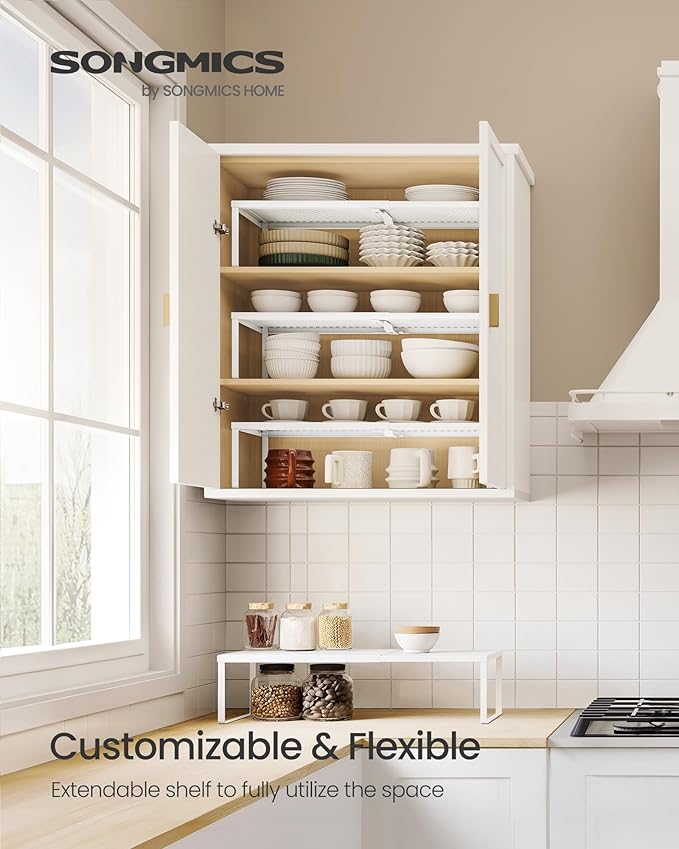 SONGMICS Spice Racks, Set of 4 Expandable Kitchen Countertop Shelves, Small Cupboard Organizers, Metal, Space-Saving Tabletop Shelves, Matte White UKCS404WC01