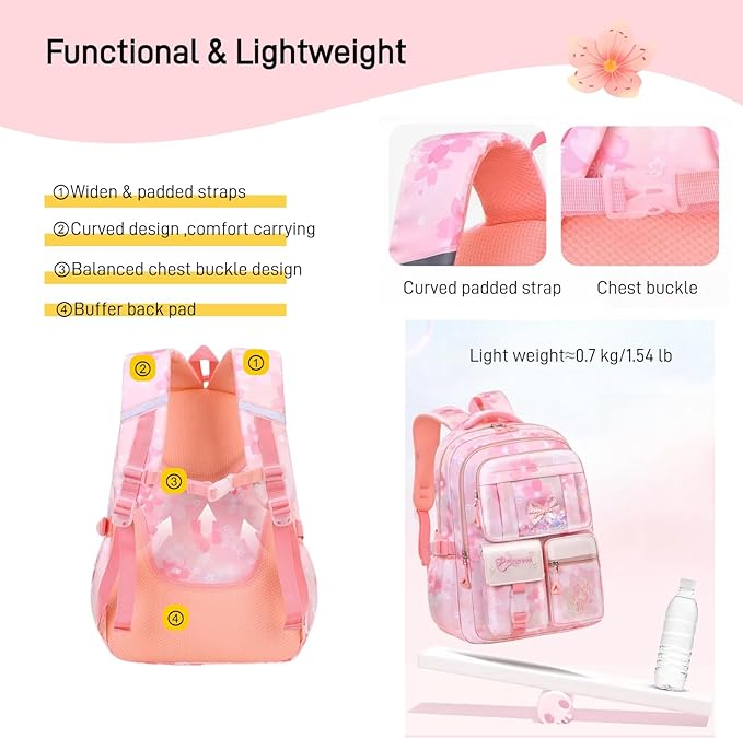 Kids Backpack School Bags for Girls, Cute Princess Backpack Multi-pocket Elementary School Students Bookbag for Girls, Pink